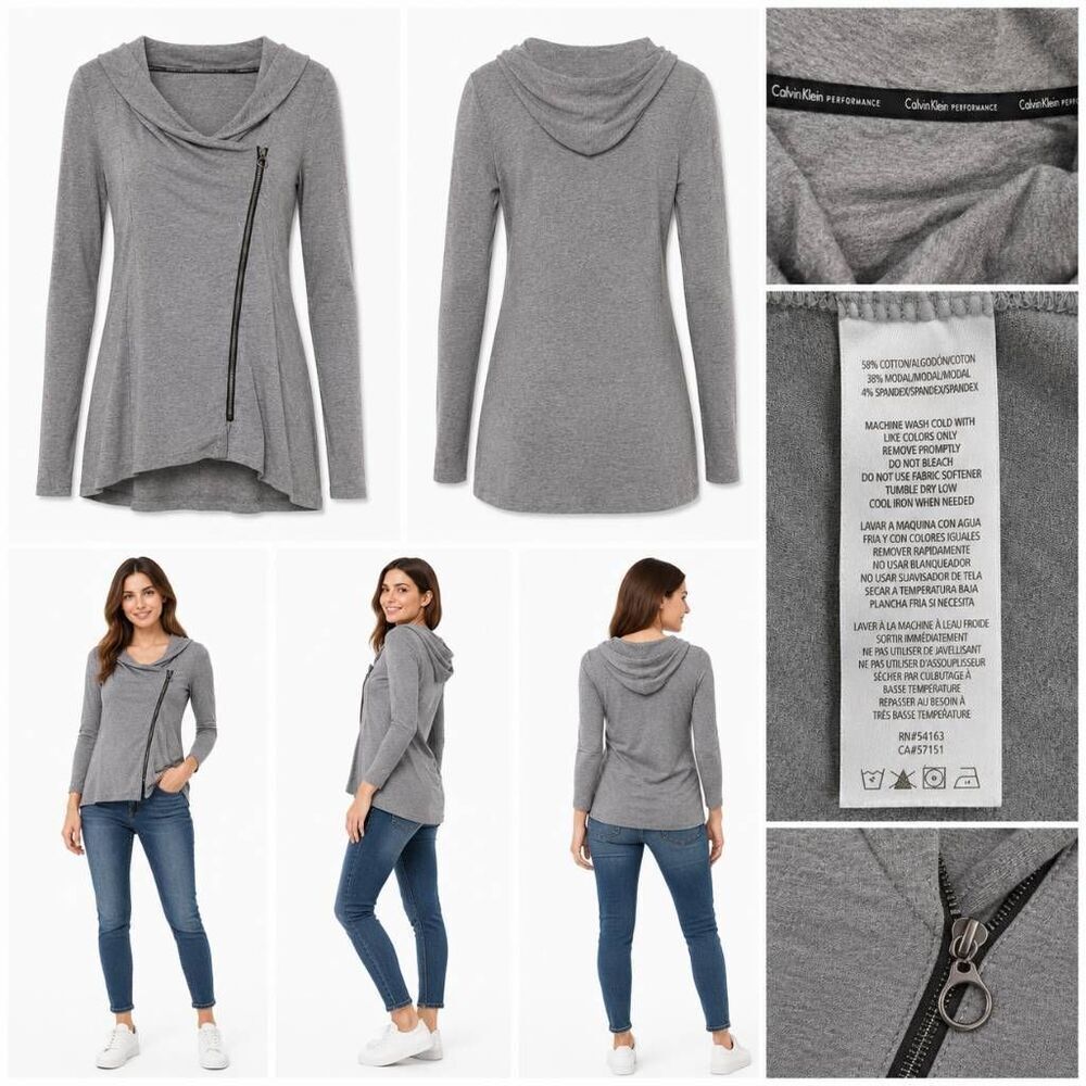 Calvin Klein Performance Women’s Hoodie Tunic Top Size S Gray Asymmetrical Zip L